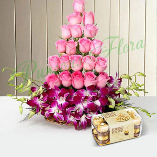 Roses And Orchids Basket With Rocher