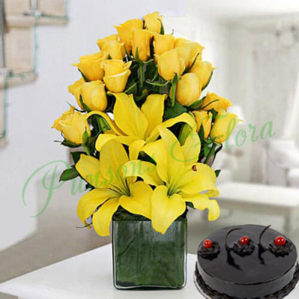 Sunshine Vase Arrangement With Cake