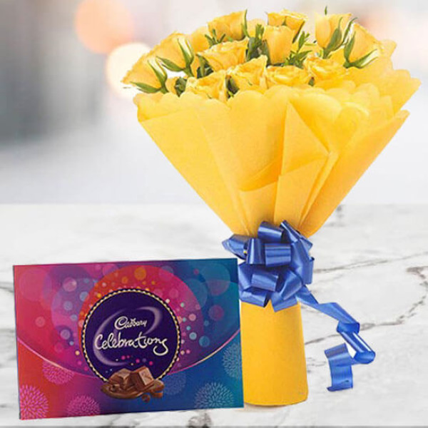 Yellow Roses with Celebration Chocolates